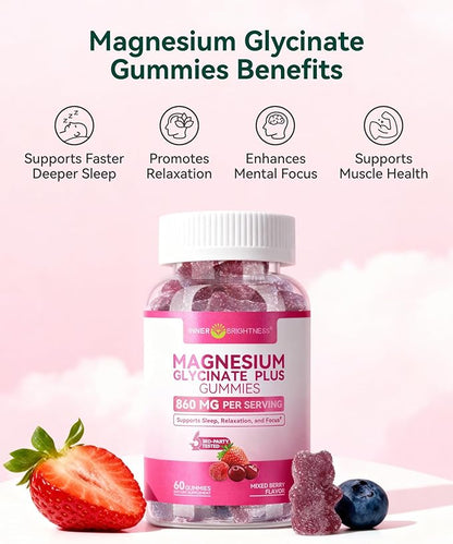 Magnesium Glycinate Plus Gummies 860mg, Sugar-Free, Non-GMO, Gluten-Free, Magnesium Gummies for Adults & Kids, Sleep, Relaxation & Focus, Magnesium Supplement for Women, Mixed Berry Flavor, 120 Count