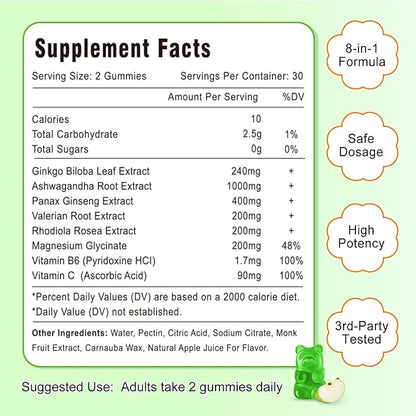240MG Ginkgo Biloba Gummies with Ginseng and Magnesium, Ginko Biloba Supplements Gummies for Brain Focus, Mood and Memory for Adults, 60 Cts