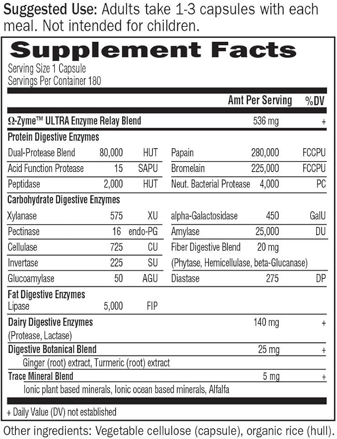 Garden of Life 21 Powerful Digestive Enzymes with Papain, Bromelain, Lipase, Ginger, Turmeric for Complete Digestion of Protein, Carbs & Fats – Omega-Zyme ULTRA, Gluten-Free, Vegetarian, 180 Capsules