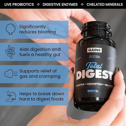 Gains in Bulk Total Digest, Digestive Enzymes, Prebiotics and Probiotics for Digestive Health, Bloating Support, Gut Health for Women and Men, Promotes Protein, Carb and Fat Digestion, 270 Capsules