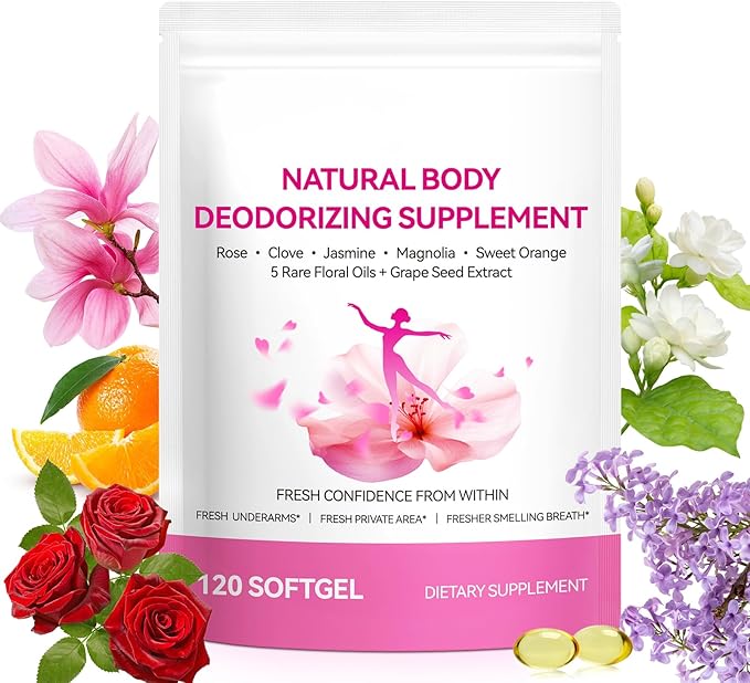 Body Deodorizing Supplement for Women – Body Odor Eliminator for Women & Internal Deodorant Pills for Daily Freshness Support with 5-Flower Essential Oil Blend – Grapeseed Oil Base, 120 Softgels