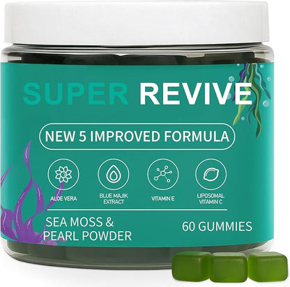 Super Revive Gummies for Hair Loss - Sea Moss Gummies with Vitamin C, E, Aloe Vera & Pearl Powder Glow, Promotes Thicker, Fuller & Stronger Hair - 60 Count