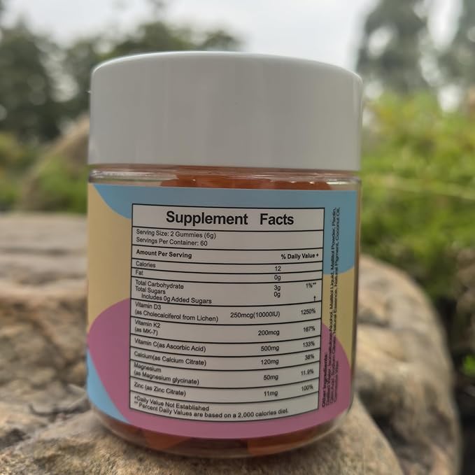 Vitamin D3 K2 Gummies,Vitamin D3 10000 IU with K2 200mcg,VitaminC,Calcium,Magnesium,Zinc,Support for Bones,Joints,Muscles,Nerves,and Immune System (60,Orange,Sugar-Free)
