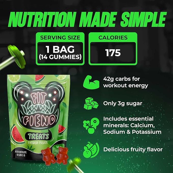 FitFiend High Protein Gummies, 16g of Protein Gummy Snacks for Adults, Healthy Snack Gummy Bears Candy Alternative Gummys for Post Workout Muscle Recovery Women Men - Watermelon Lime