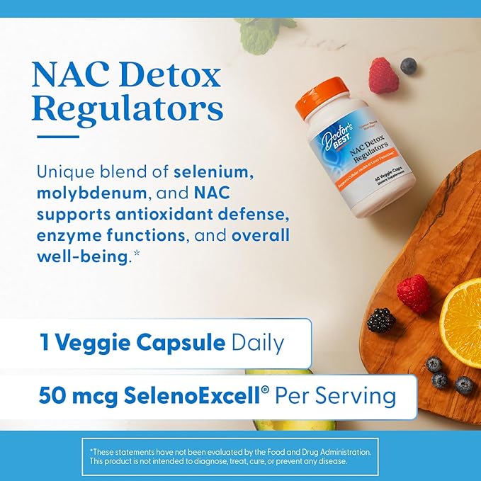 Doctor's Best NAC Detox Regulators Supplement for Men & Women - N-Acetyl Cysteine 600 mg, Liver Health Support, NAC Capsules with Selenium & Molybdenum, Supports Antioxidant Defense - 60 Veg Caps