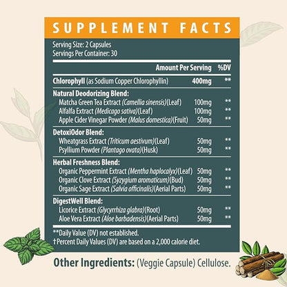 Women's Body Deodorizing Supplement – Chlorophyll Capsules for Body Odor, Fresh Breath & Gut Detox, for Social Confidence – Vegan with Matcha Green Tea, Apple Cider Vinegar