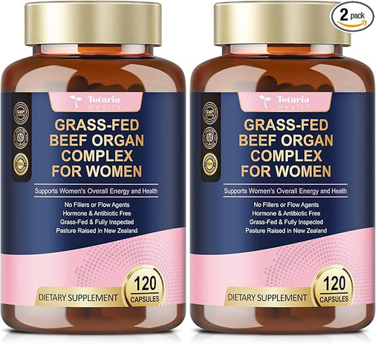 Totaria 2 Pack Beef Organ Supplement for Women - Beef Liver, Kidney, Heart,Uterus Tissue - Balance Hormones & Women's Overall Energy - Grass Fed, Pasture Raised - Natural Iron Supplement with Folate