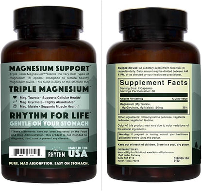 Natural Rhythm Triple Calm Magnesium Complex - 120 Capsules, Chelated Magnesium Glycinate, Taurate & Malate, High Absorption Supplement for Sleep, Stress, Muscle & Heart Support, Non-GMO, Vegan