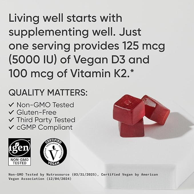 Sports Research® Vegan Vitamin D3 + K2 Sugar-Free Gummies - 125mcg (5000iu) Vitamin D w/ 100mcg Mk7 Vitamin K - Supports Bone & Immune Health* - Vegan Certified · Non-GMO · Soy Free - 60 Count