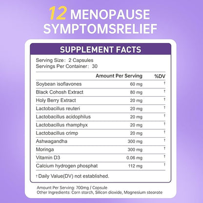 Menopause Supplement for Women, Relieves 12 Menopausal Symptoms* | Black Cohosh + Soy Isoflavones + Ashwagandha + Moringa | for Alleviate Hot Flashes*, Night Sweats*, Weight* & Mood Swings*