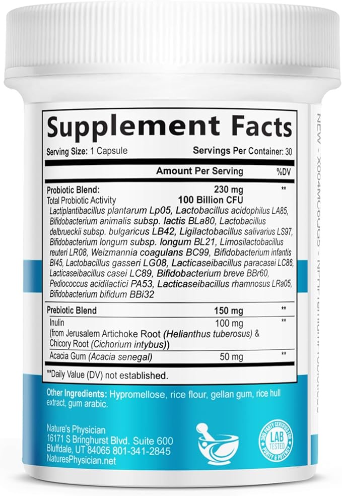 Nature's Physician Probiotics - 100 Billion CFU Per Capsule - 16 Strains + Prebiotics - Best Probiotic Supplement for Women & Men - Supports Immune, Digestive Health, Constipation & Gas - 30 Capsules