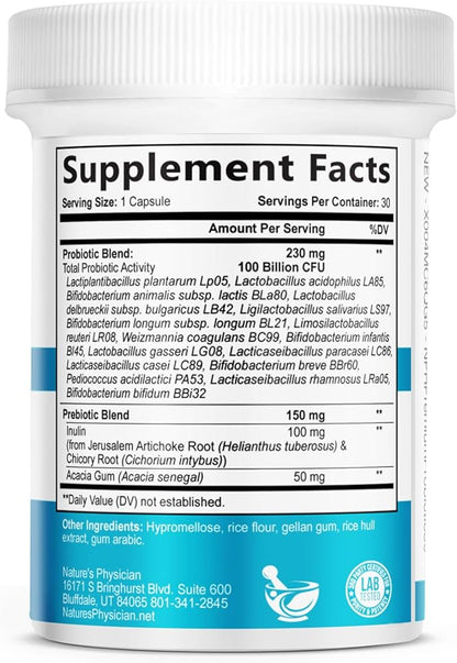 Nature's Physician Probiotics - 100 Billion CFU Per Capsule - 16 Strains + Prebiotics - Best Probiotic Supplement for Women & Men - Supports Immune, Digestive Health, Constipation & Gas - 30 Capsules