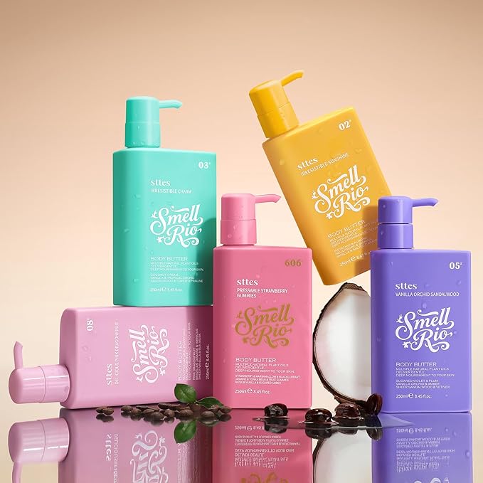 Sttes Smell Rio Body Butter 02# (Irresistible Sunshine) Pistachio, Almond, Vanilla & Salted Caramel Scent Fast-Absorbing Firming Body Cream with Coconut & Jojoba Oils, Caffeine, 250ml