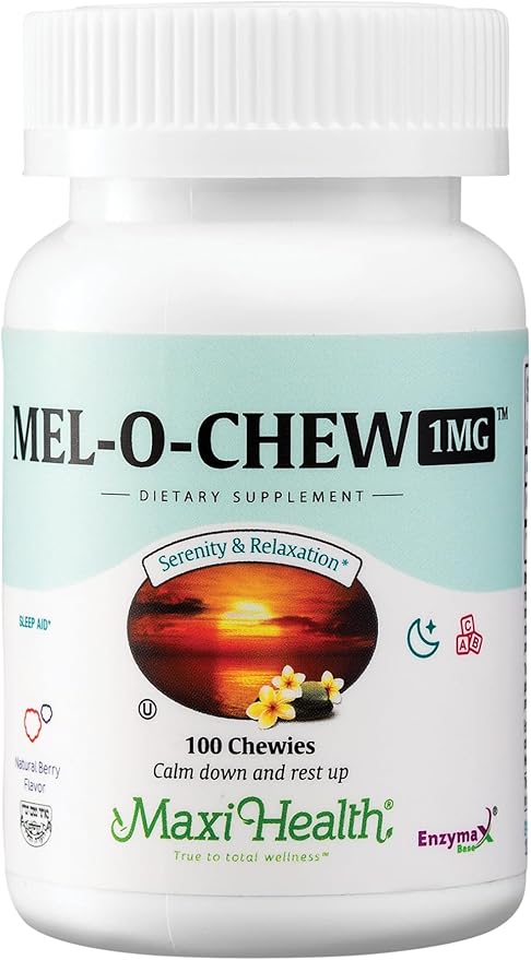 Maxi Health Melatonin 1mg Chewable - Sleep aid Melatonin to Encourage Natural Sleep – Non-Habit Forming Supplement with Enzymax for Fast-Acting Support Kosher (100 Units)
