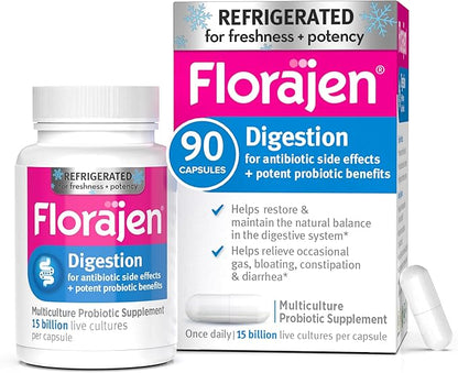 Florajen Digestion Probiotic - Advanced Gut Health Supplement for Constipation & Bloating Relief - 15 Billion Live Cultures - Multi-Strain Formula - Refrigerated for Potency & Freshness - 90 Capsules
