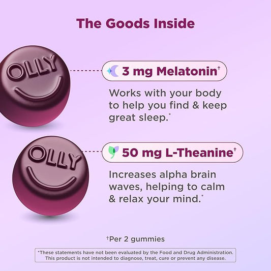 OLLY Restful Sleep Gummy Supplement with Melatonin & L-Theanine Chamomile, Blackberry Zen, 50 Gummies (25 Day Supply) Supports a Healthy Sleep Cycle* (Packaging May Vary)
