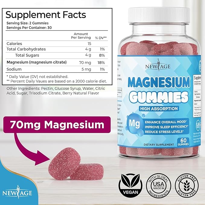 Magnesium Gummies - Calming Anti-Stress Gummies, Magnesium Supplement for Adults and Kids, Vegan, Gelatin-Free, Gluten-Free, Non-GMO, Delicious Natural Raspberry Flavor- 180 Count - by New Age