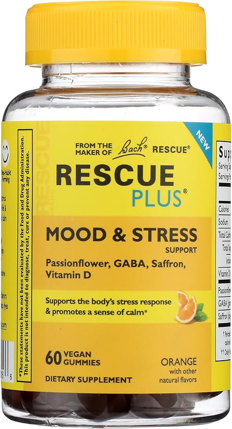 Bach Rescue Plus Mood & Stress Support Gummies, Daytime Dietary Supplement with Passionflower, GABA, Saffron & Vitamin D, Natural Orange Flavor, Vegan & Gluten-Free, 60 Count