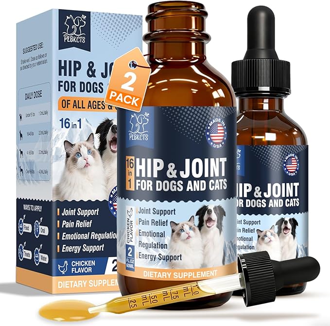 16-In-1 Glucosamine for Dogs & Cats, Liquid Hip & Joint Supplement, Collagen Drops with Chondroitin+MSM+Hyaluronic Acid Supplement Mobility Senior Dogs Pain Relief Helps All Breeds Made in USA 120ml
