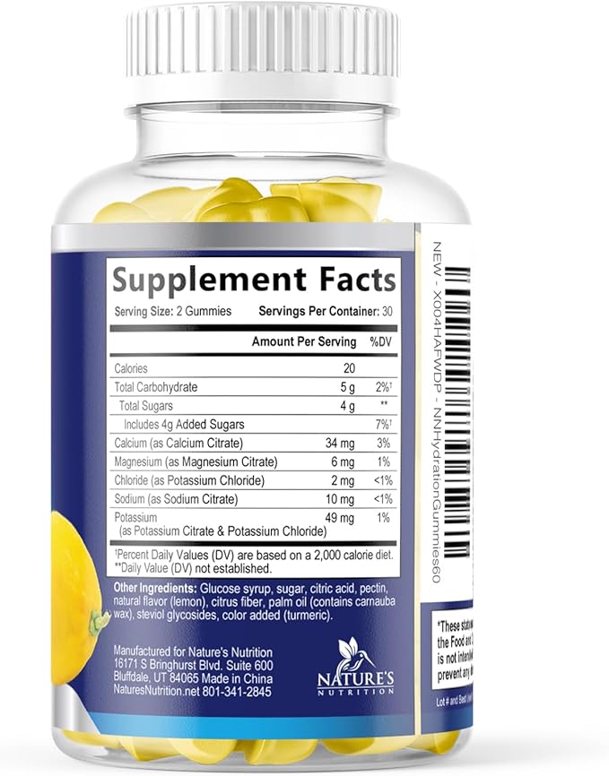 Hydration Electrolyte Gummies - Daily Liquid Replenisher Gummy - Electrolyte Multiplier with Minerals, Potassium & Real Salt - Vegan, Non-GMO - Tasty Lemon Flavor Hydration Electrolytes - 60 Gummies