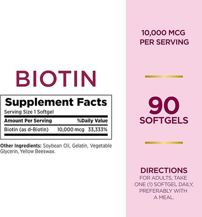 Nature's Bounty Biotin 10000mcg Supplement, Supports Healthy Hair, Skin and Nails, Optimal Solutions Hair Vitamin with Biotin, 90 Rapid Release Liquid Softgels