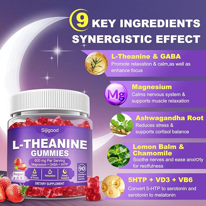 180 Count | L-Theanine Gummies for Kids & Adults - L Theanine Supplements with Ashwagandha, GABA & 5HTP - Support Natural Relaxation, Calm, Deep Zzz & Stress Relief, Strawberry Flavor