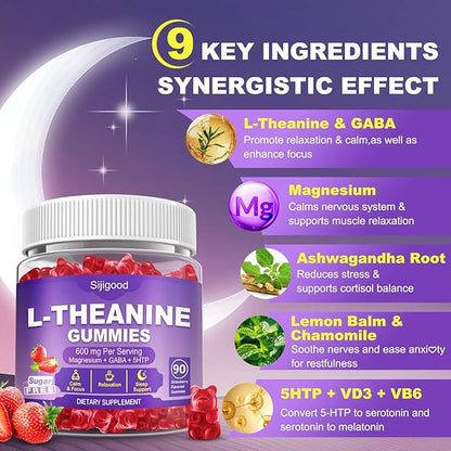 90 Count | L-Theanine Gummies for Kids & Adults - L Theanine Supplements with Ashwagandha, GABA & 5HTP - Support Natural Relaxation, Calm, Deep Zzz & Stress Relief, Strawberry Flavor