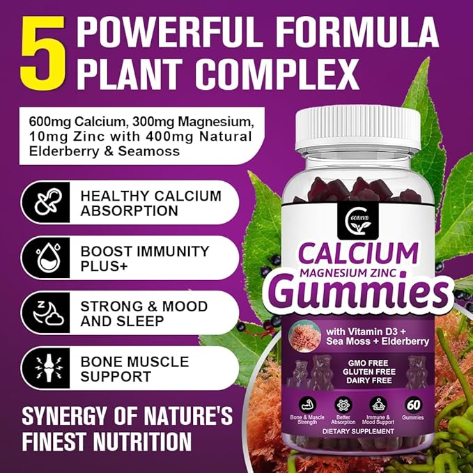Calcium Magnesium Zinc Gummies with High Absorption Magnesium Glycinate 300mg, Potassium - Plant Complex Calcium Magnesium 2:1 Ratio, with D3 Sea Moss for Bone, Immune & Sleep Support, Vegan-1 Pack