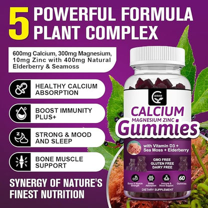 Calcium Magnesium Zinc Gummies with High Absorption Magnesium Glycinate 300mg, Potassium - Plant Complex Calcium Magnesium 2:1 Ratio, with D3 Sea Moss for Bone, Immune & Sleep Support, Vegan-1 Pack