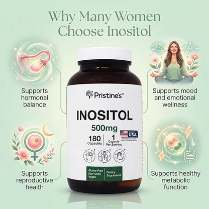 PRISTINE'S Myo Inositol PCOS Supplement Capsules - 500mg 180 Day Supply - Vegan, Gluten Free, Non GMO