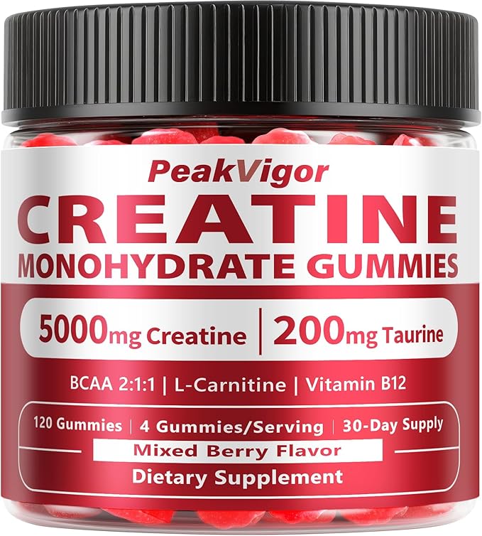 Creatine Monohydrate Gummies for Women & Men, 5000MG Creatine Gummies Sugar Free - Mixed Flavored with L-Taurine, BCAA 21, B12，Vegan, Non-GMO, 120 Gummies