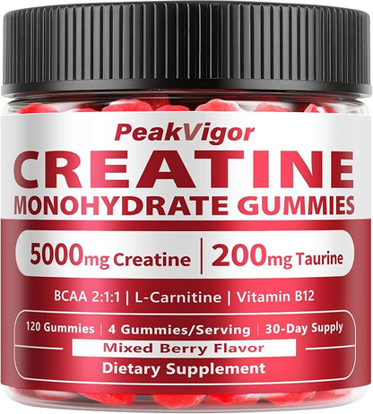 Creatine Monohydrate Gummies for Women & Men, 5000MG Creatine Gummies Sugar Free - Mixed Flavored with L-Taurine, BCAA 21, B12，Vegan, Non-GMO, 120 Gummies