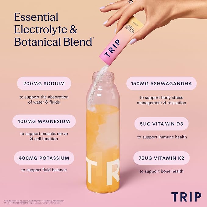 TRIP Electrolytes Powder Packets with Magnesium, Ashwagandha & Vitamin D. Peach Yuzu Daily Hydration Packets, Vegan, Electrolyte Drink Mix, Calming Hydration Powder, 20 Sachets