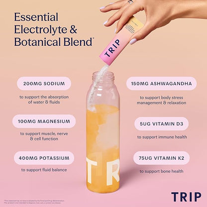 TRIP Electrolytes Powder Packets with Magnesium, Ashwagandha & Vitamin D. Peach Yuzu Daily Hydration Packets, Vegan, Electrolyte Drink Mix, Calming Hydration Powder, 20 Sachets