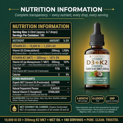 Vitamin D3 + K2 Drops 10,000 IU D3 with 200mcg K2 (MK7), Peppermint Flavour, Organic MCT Coconut Oil, 60mL, 6 Month Supply