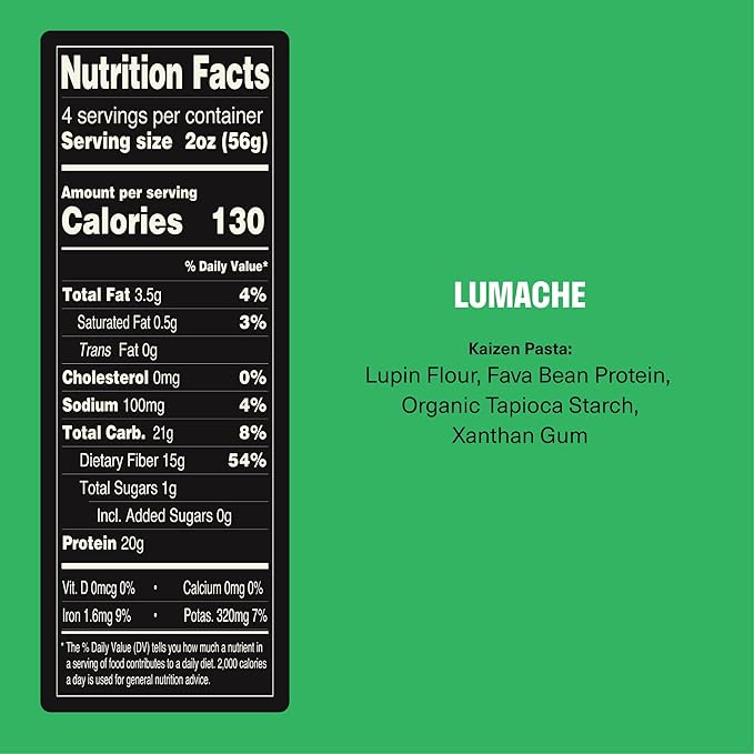 Kaizen Lumache Protein Pasta, 20g Protein, Low Carb (6g Net Carbs), Keto-Friendly, Gluten-Free, Plant-Based Lupini Noodles, High Fiber, 8 Ounce, Pack of 3