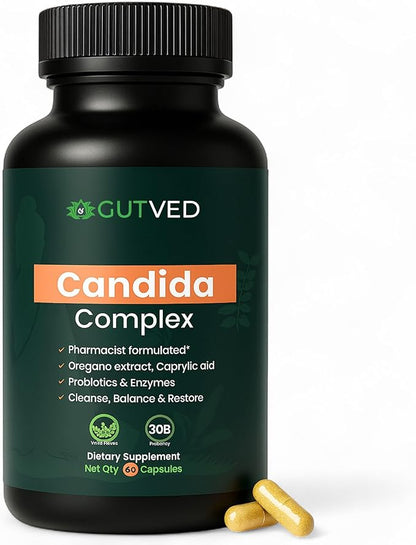 Candida Complex with Caprylic Acid for Men & Women – Anti Overgrowth, Balance and Restore Supplement for Yeast, Healthy Gut Flora & Skin with 30B/g Probiotic, Oregano, Senna - 1 Month Supply