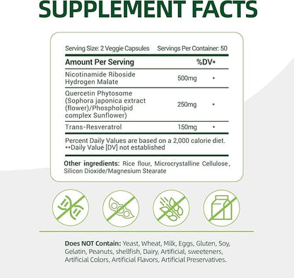 NAD+ Supplement with, Nicotinamide Riboside & Resveratrol 900mg – Anti-Aging Support for Women & Men, NMN Alternative, Vegan Non-GMO - 100 Capsules, 2 Pack