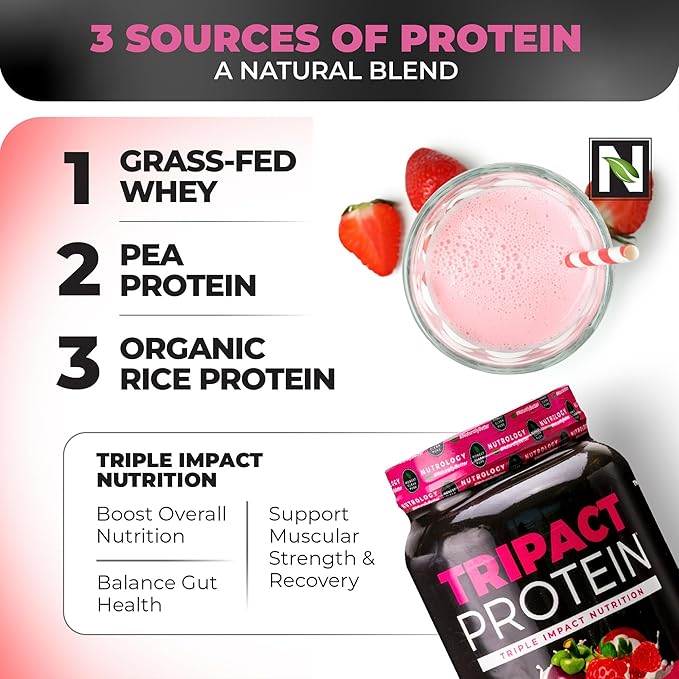 Nutrology TRIPACT Protein Powder - 7-in-1 Meal Replacement Shake with Grass Fed Whey Protein Powder, Pea, Rice, Greens for Muscle Recovery & Immunity, Superberry Flavor, 40 Servings