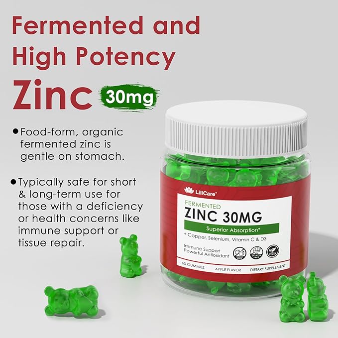 Fermented Zinc Gummies 30mg, Copper, Selenium, Vitamin C, D3, Superior Absorption Zinc Supplements for Women & Men, Immune, Powerful Antioxidant, Zinc Picolinate Alternaitive, Vegan, No Sugar, 60 Cts