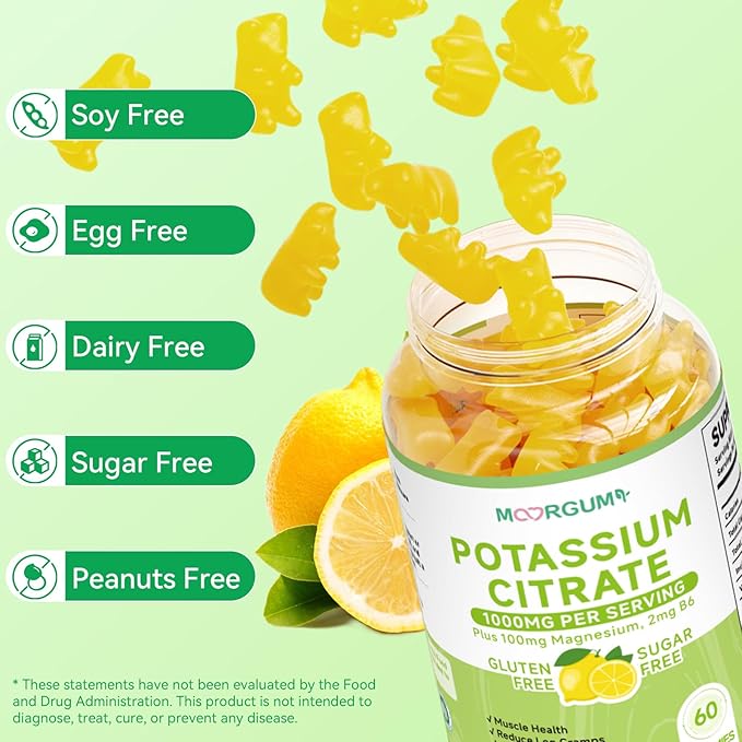 Potassium Citrate 1000mg Gummies, Potassium Supplement for Adults Women and Men, with Magnesium, Vitamin B6 Chewable Supplements, Support Electrolyte Balance, Muscular & Nerve Function, 60 Count