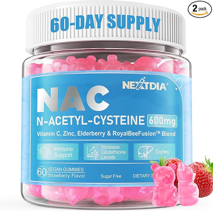 Nextdia NAC Gummies for Kids & Adults, Chewable N-Acetyl Cysteine Supplement 600mg 1000mg w/Vitamin C, Zinc, Elderberry for Antioxidants & Immune Support, Lung & Liver Health, Sugar Free, 120 Ct