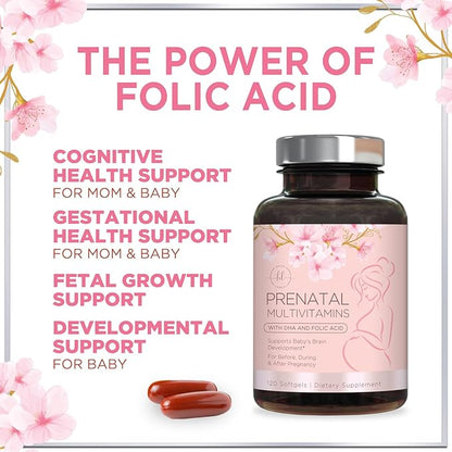 Prenatal Vitamins for Women - Prenatal Multivitamin with Folic Acid & Omega 3 DHA Fetal Development Support - Pregnancy Vitamin Supplement with, Vitamin A, C, D, B6, B12 & Iron - 120 Softgels