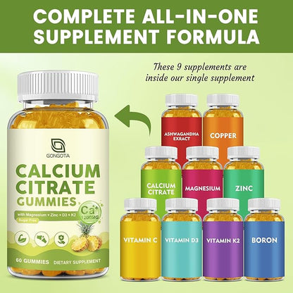 Calcium Citrate Gummies for Women, 1200mg Calcium Citrate Magnesium with Vitamin C D3 K2, Absorption Calcium Supplements for Bone, Muscle, Immune, Sugar Free (120Count)