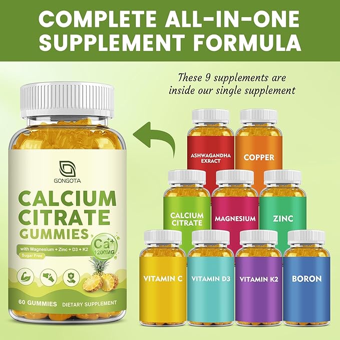 Calcium Citrate 1200mg with Vitamin D3, Calcium Gummies for Women, Calcium Supplements for Bone, Muscle, Immune Support, Sugar Free, Pineapple Flavor - 60 Gummies