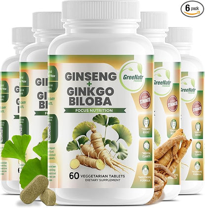 GreeNatr Ginko Biloba & Panax Ginseng Supplement - Red Ginseng for Memory and Focus - Ginkgo Biloba for Good Vision, Immune System and Improved Blood Flow (360 Tablets: 6 Bottles)