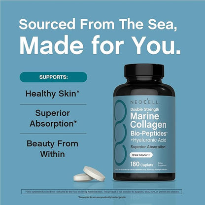 NeoCell Marine Collagen Peptides Supplement | 180 Caplets | with Hyaluronic Acid | Double Strength Formula | Nails, Skin, & Hair