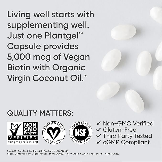 Sports Research® Biotin 5,000mcg with Organic Coconut Oil - Biotin (Vitamin B7) for Healthy Skin and Hair Support* - for Women and Men - Vegan, Non-GMO, Gluten & Soy-Free - 30 Veggie Softgels