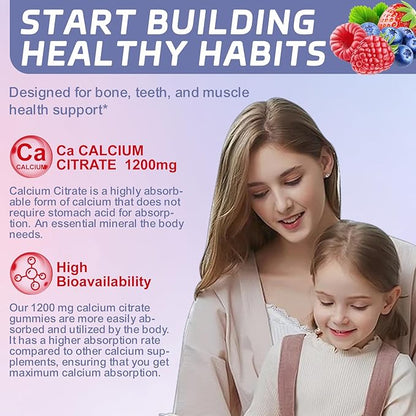2 Pack Calcium Citrate Gummies, Chewable 1200mg Calcium Gummies for Women & Men, Calcium Supplement for Muscle & Immune Support, High Absorption, Sugar Free, Mixed Berry Flavor, 120 Count