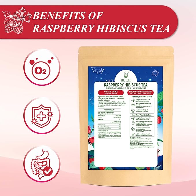 WT WEETEE Raspberry Hibiscus Herbal Tea Bags 100 Count, Hibiscus, Lemongrass & Rosehip Blend with Natural Raspberry Flavor, Caffeine Free, Hot or Iced Tea